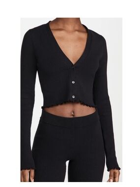 Good American Black Ribbed Cropped Lettuce Edge Cardigan Size 3/4
